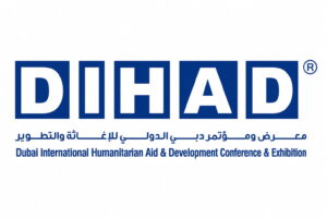 DOHAD logo with blue blocks spelling DOHAD and Arabic and English text for Dubai International Humanitarian Aid & Development Conference & Exhibition.